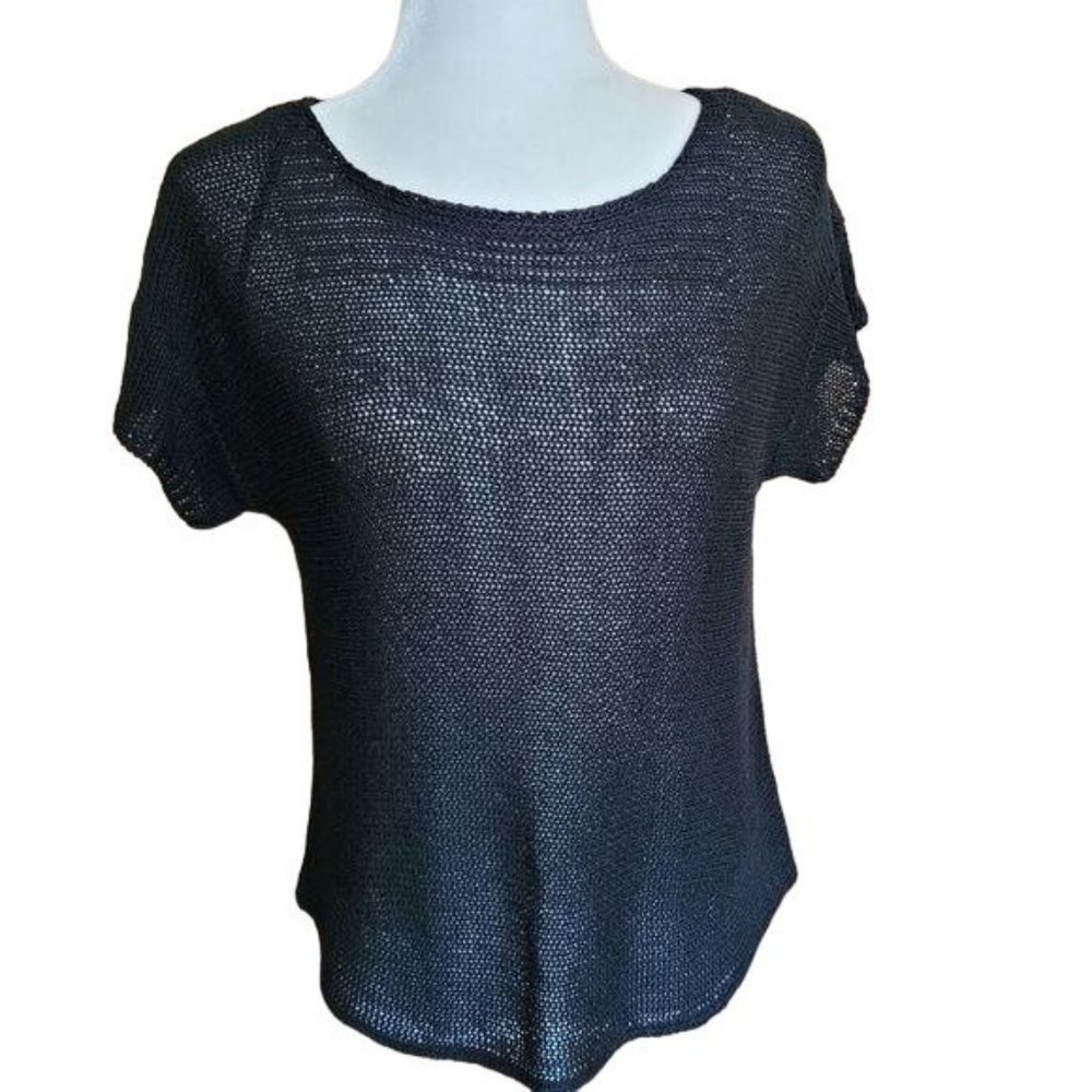 Cupio Women's Size Small Loose Knit Sweater Top Short Sleeve Black Round Neck